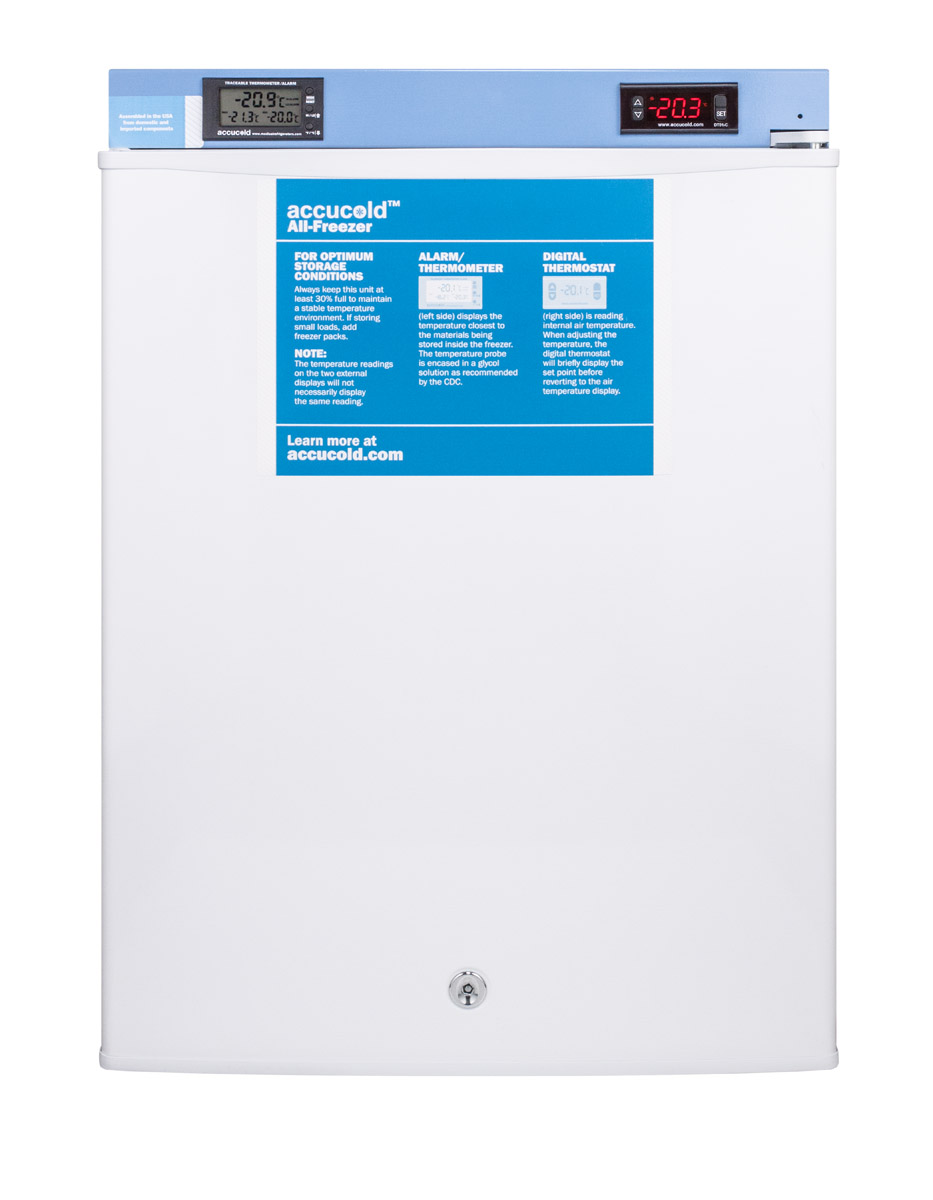 Compact medical/scientific all-freezer with digital thermostat, NIST calibrated thermometer/alarm, and front lock
